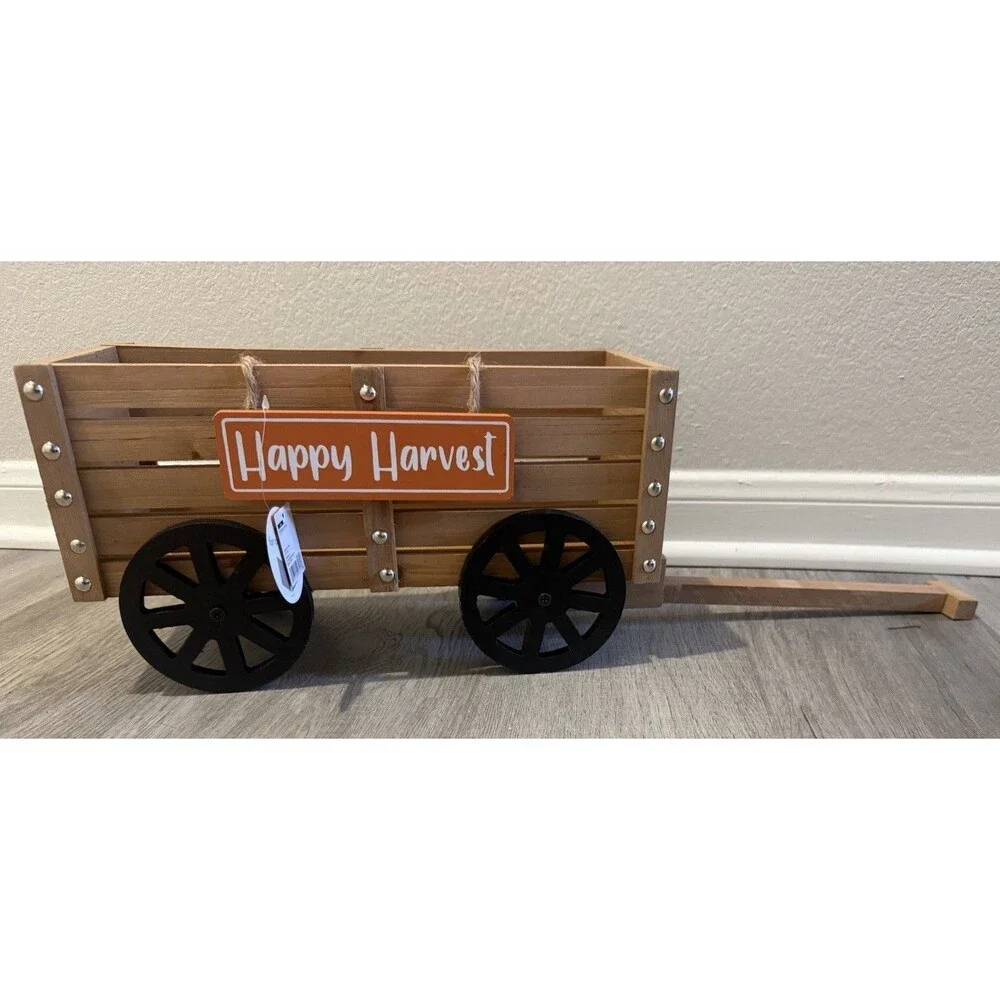 Wood Country Wagon Handcrafted Happy Harvest Basket Crate Flower box
